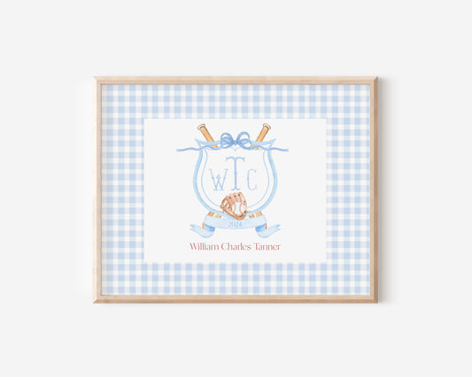 Blue Gingham Baseball Nursery Monogram Crest with matching Photo Mat