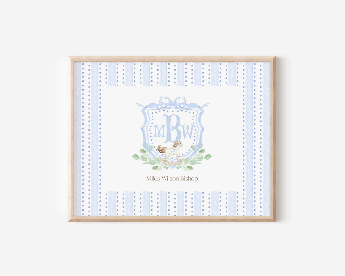 Blue Rocking Horse Nursery Monogram Crest with matching Photo Mat