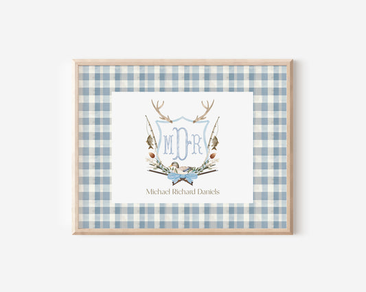 Blue Fishing Outdoors Nursery Monogram Crest with matching Photo Mat