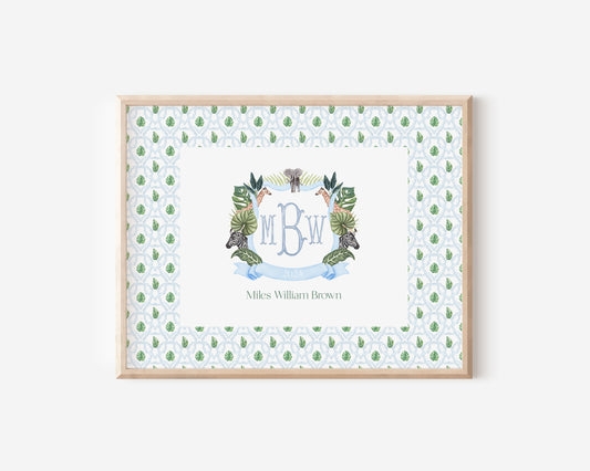 Blue Safari Nursery Monogram Crest with matching Photo Mat