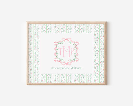 Pink & Green Floral Nursery Monogram Crest with matching Photo Mat