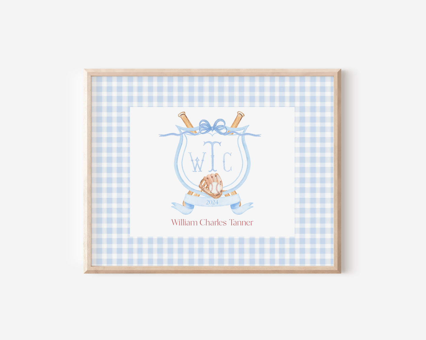 Blue Gingham Baseball Nursery Monogram Crest with matching Photo Mat