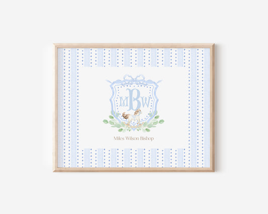 Blue Rocking Horse Nursery Monogram Crest with matching Photo Mat