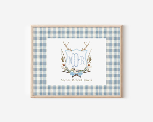 Blue Fishing Outdoors Nursery Monogram Crest with matching Photo Mat