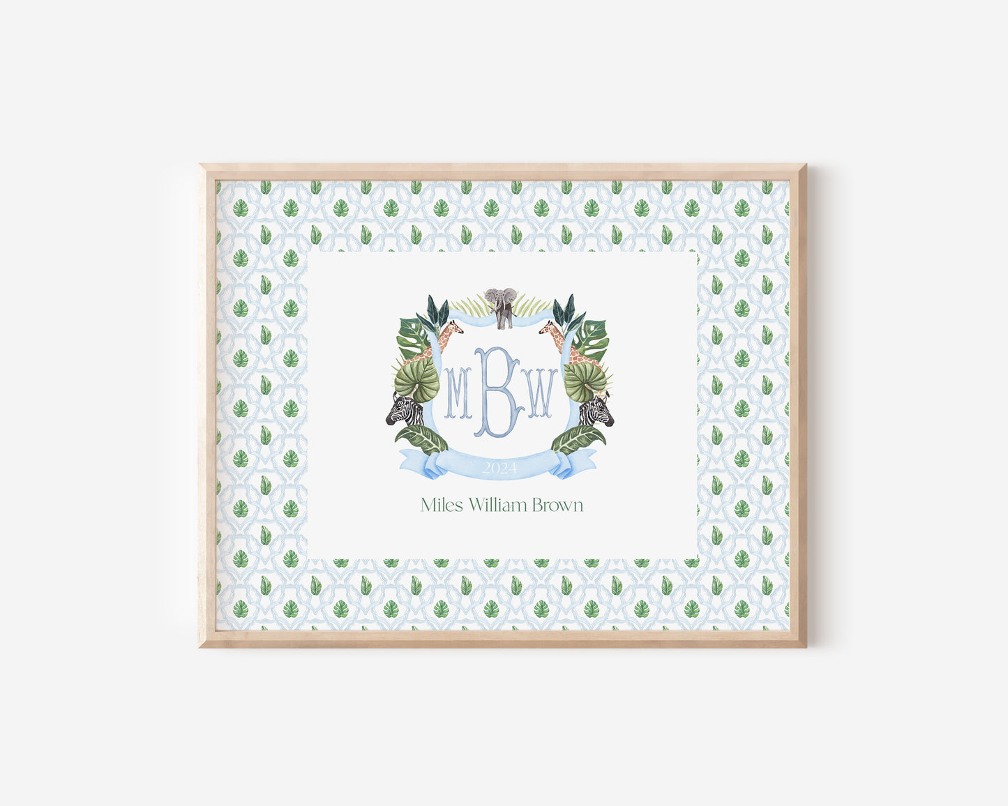 Blue Safari Nursery Monogram Crest with matching Photo Mat