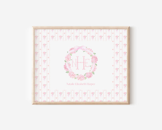 Pink Hydrangea Nursery Monogram Crest with matching Photo Mat